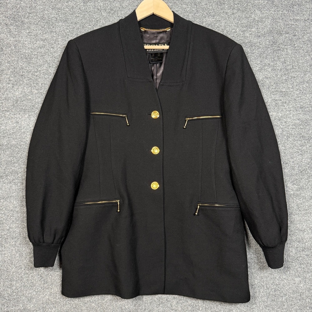 Escada by Margaretha Ley Size 42 Bomber Jacket Black Gold Buttons Zipped Pockets
